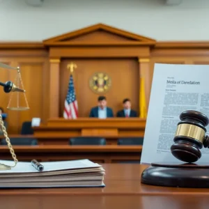 Illustration of a courtroom with a gavel and court documents