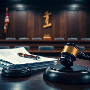 A courtroom scene depicting a deposition on sexual abuse allegations.