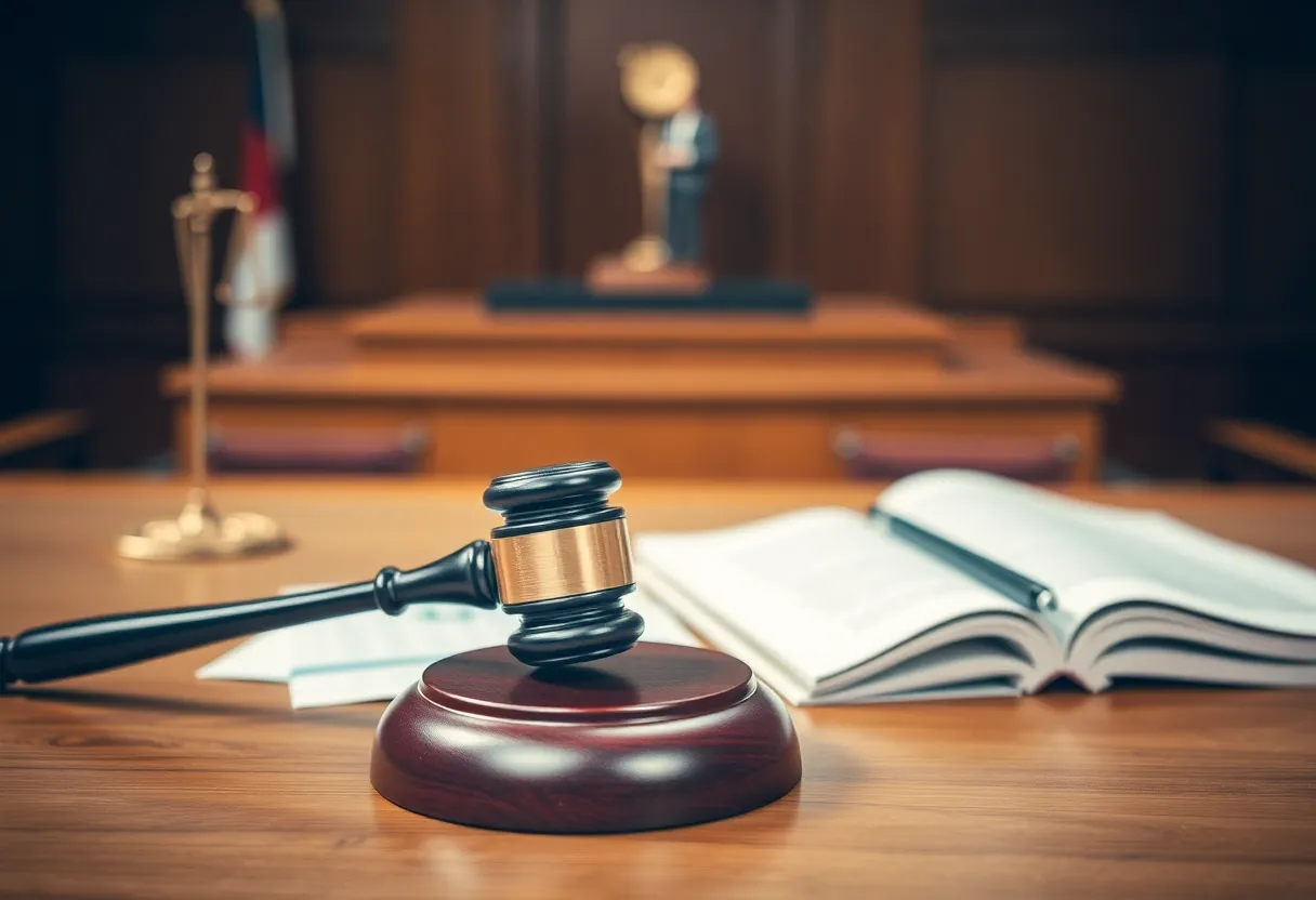 Courtroom scene with gavel and legal documents