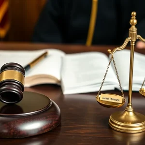 Symbolic representation of a courtroom with legal elements