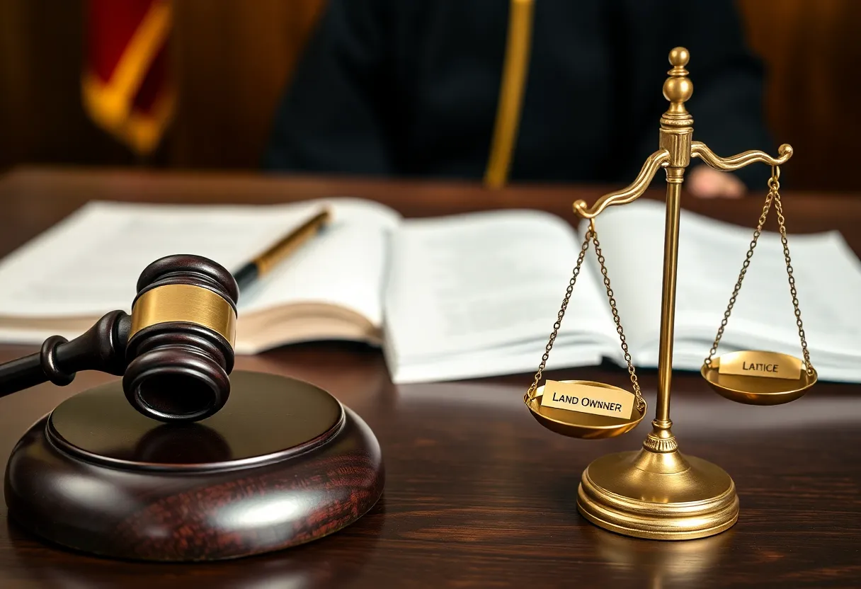 Symbolic representation of a courtroom with legal elements