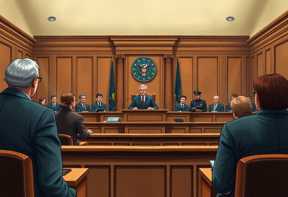 Courtroom scene depicting justice and accountability in mesothelioma litigation.