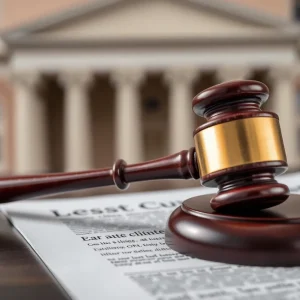 Courtroom with legal documents and scales of justice.