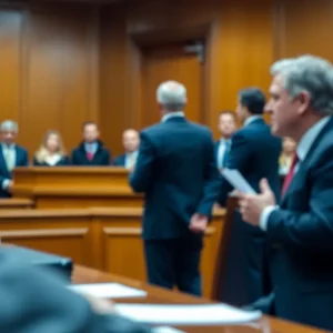 Courtroom setting depicting a legal questioning environment