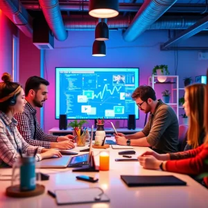A diverse group of creatives working in a digital agency setting.