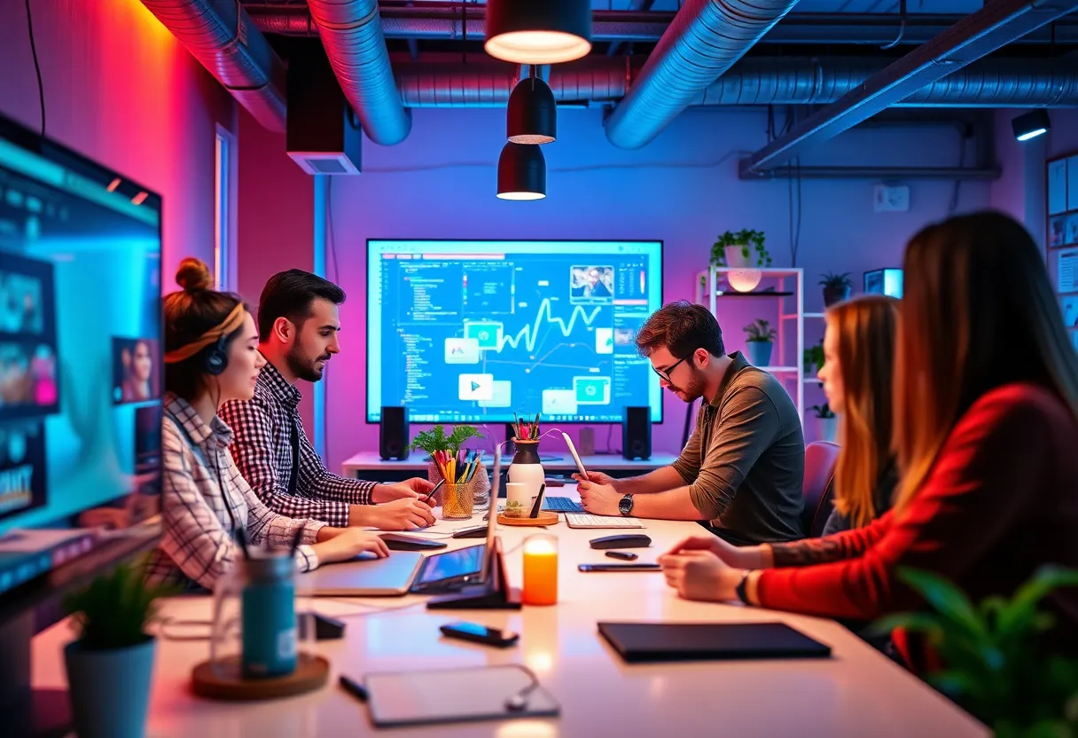 A diverse group of creatives working in a digital agency setting.