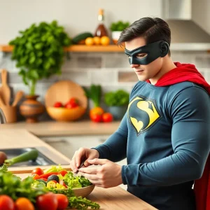 A superhero figure preparing a nutritious meal with eco-friendly aspects.