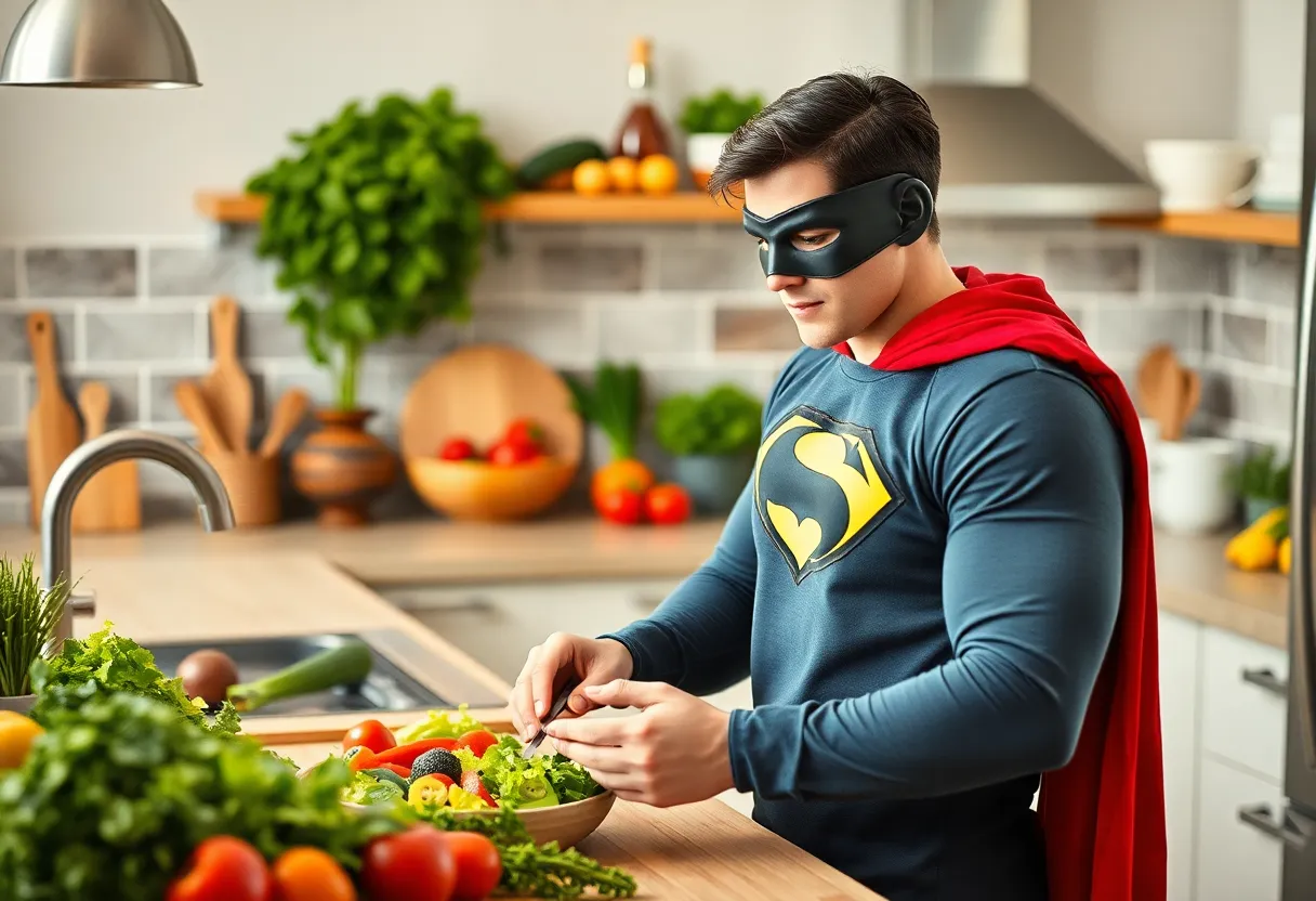 A superhero figure preparing a nutritious meal with eco-friendly aspects.