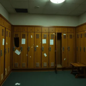 Damaged lockers inside a golf clubhouse