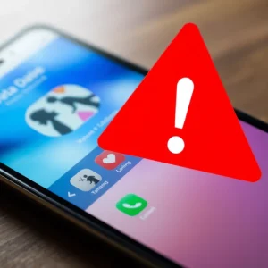 Smartphone displaying a warning about a data breach on a dating app
