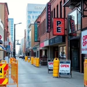 Deep Ellum neighborhood with construction barriers around local businesses