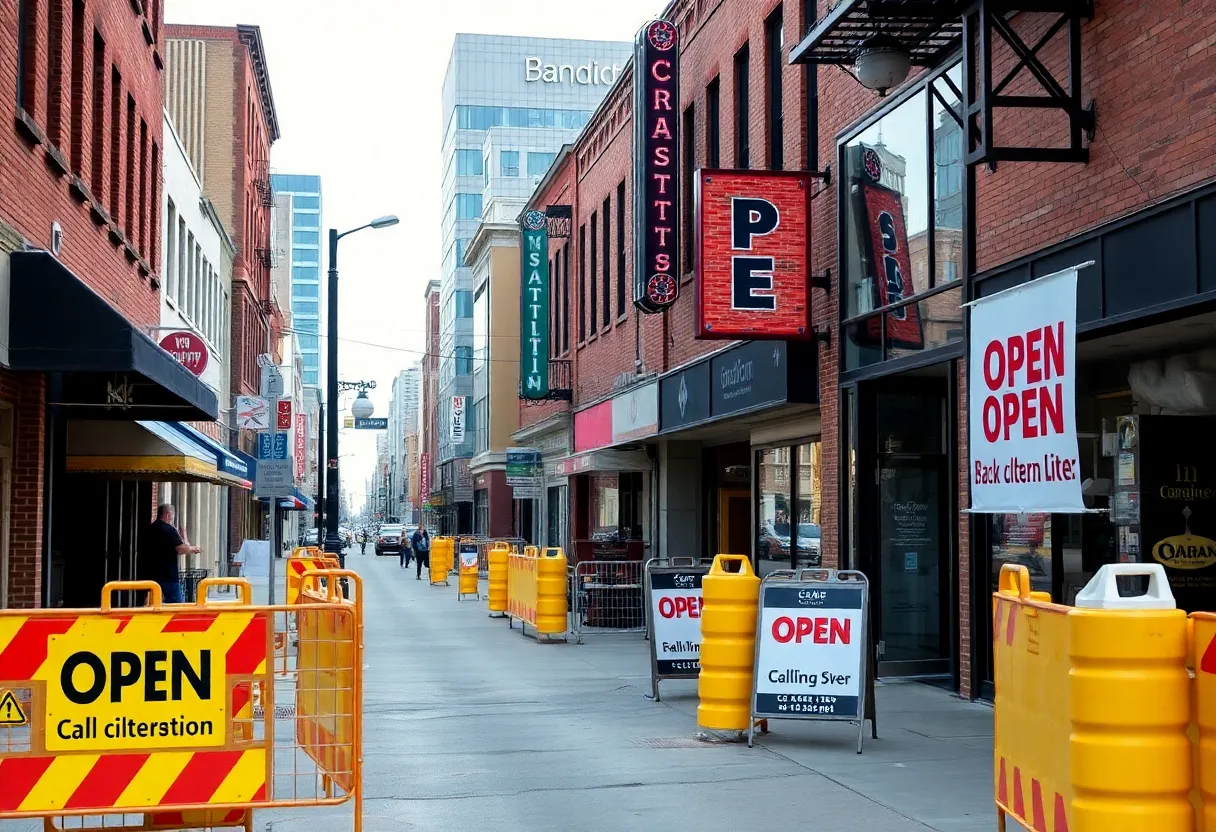Deep Ellum neighborhood with construction barriers around local businesses