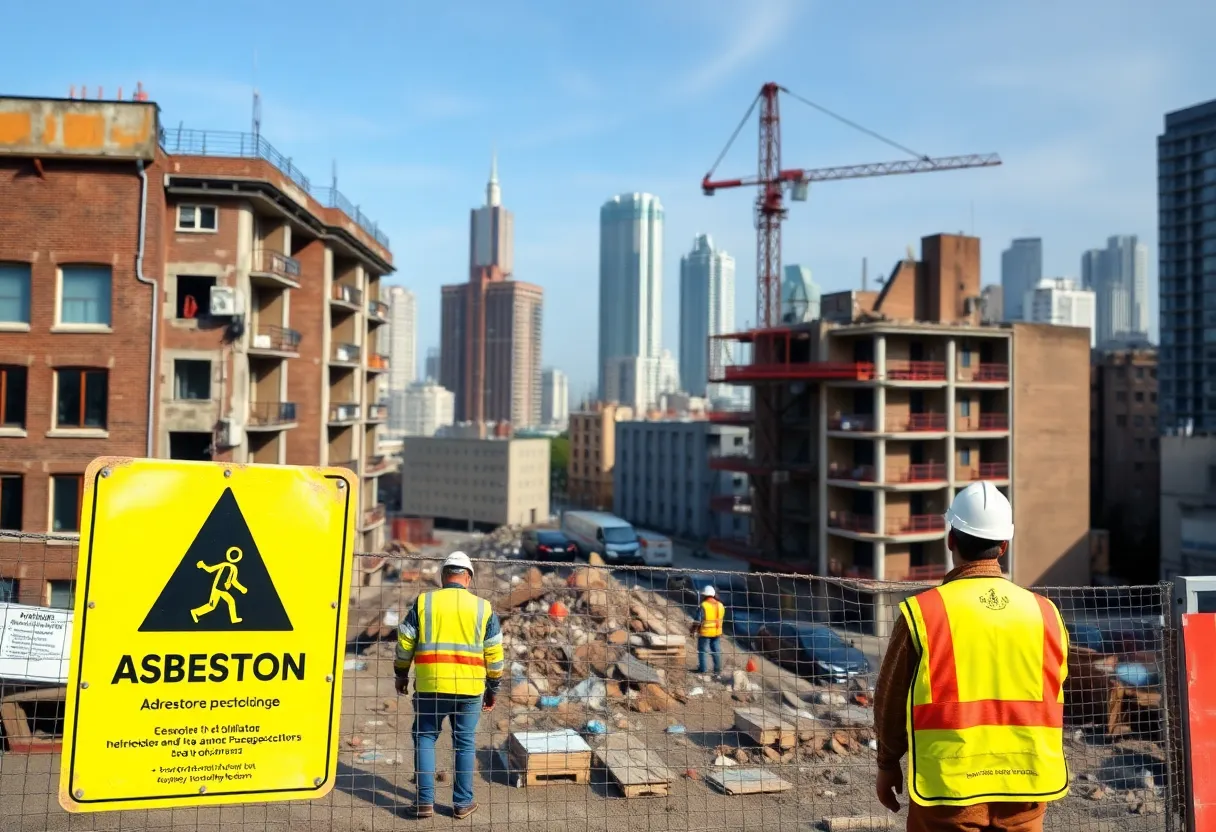 Construction workers managing safety protocols at a demolition site.