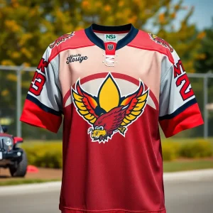 Newly designed Detroit Red Wings jerseys displayed outdoors