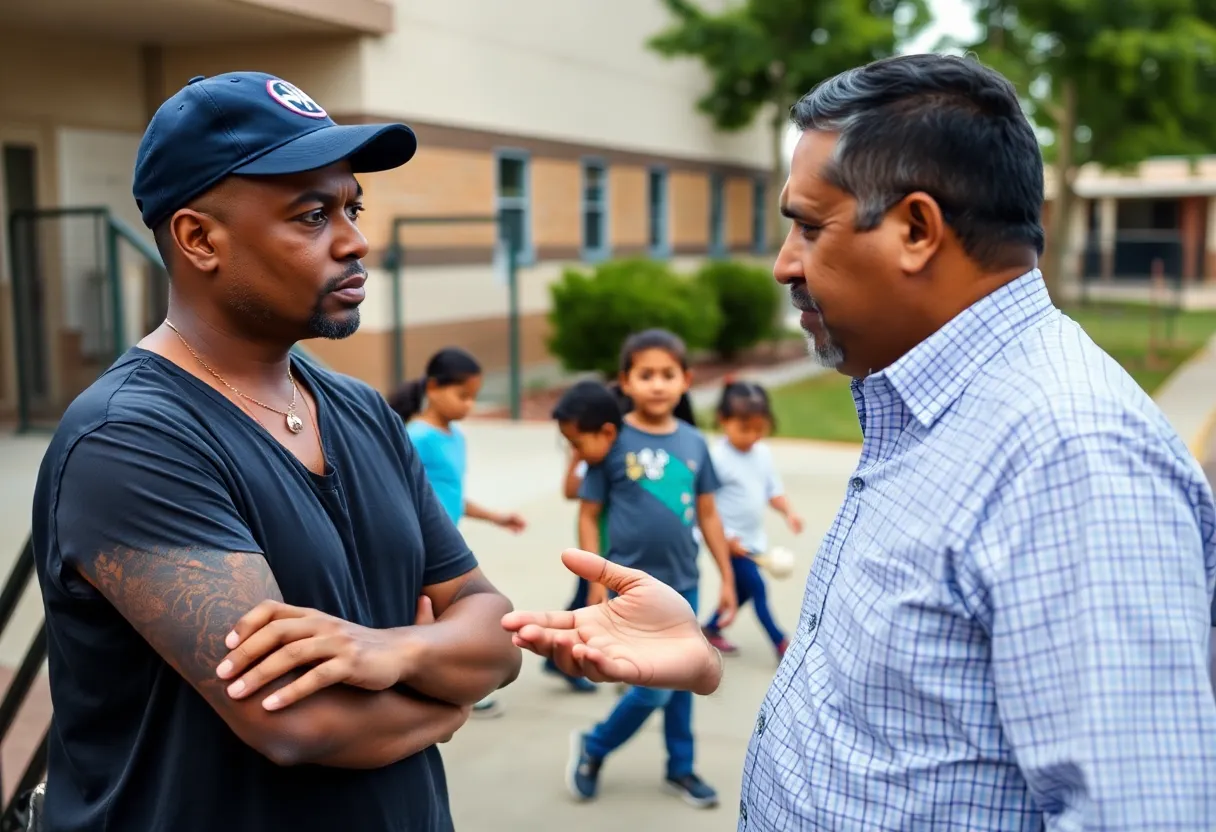Concerned parents outside of a school discussing immigration enforcement issues