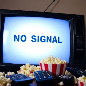 Television displaying 'No Signal' message with popcorn