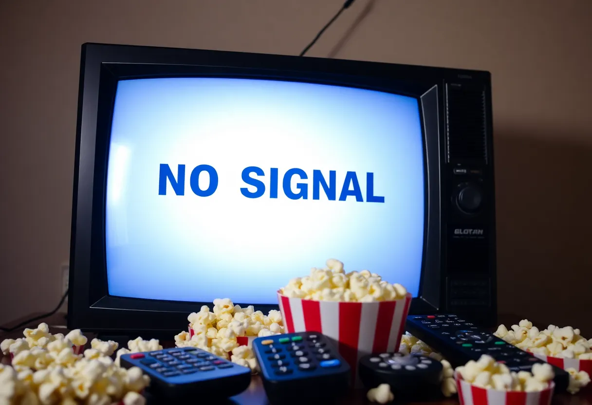 Television displaying 'No Signal' message with popcorn