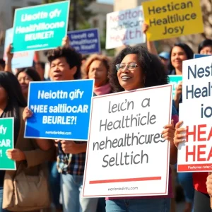 Supporters at a political rally for healthcare reform.