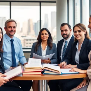 Group of professional attorneys collaborating in a law office