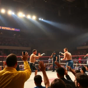 A thrilling fight scene showcasing energy and excitement in an octagon.