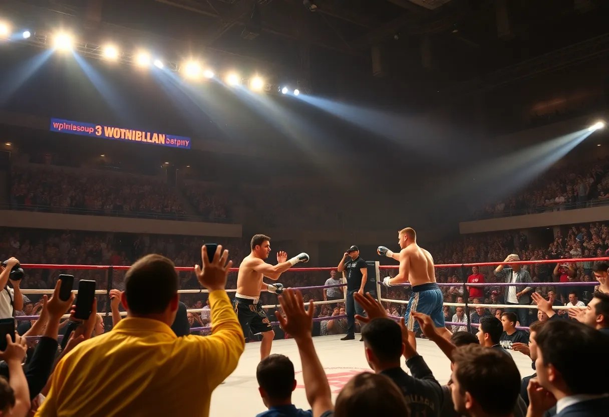 A thrilling fight scene showcasing energy and excitement in an octagon.