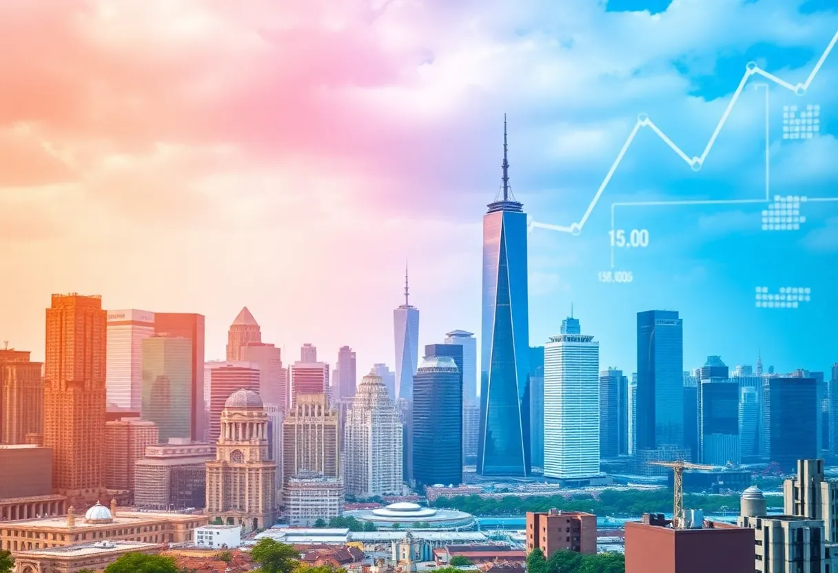 A vibrant city skyline symbolizing economic dynamism and market activity.