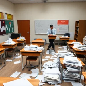 Empty classroom depicting the consequences of education funding withholding