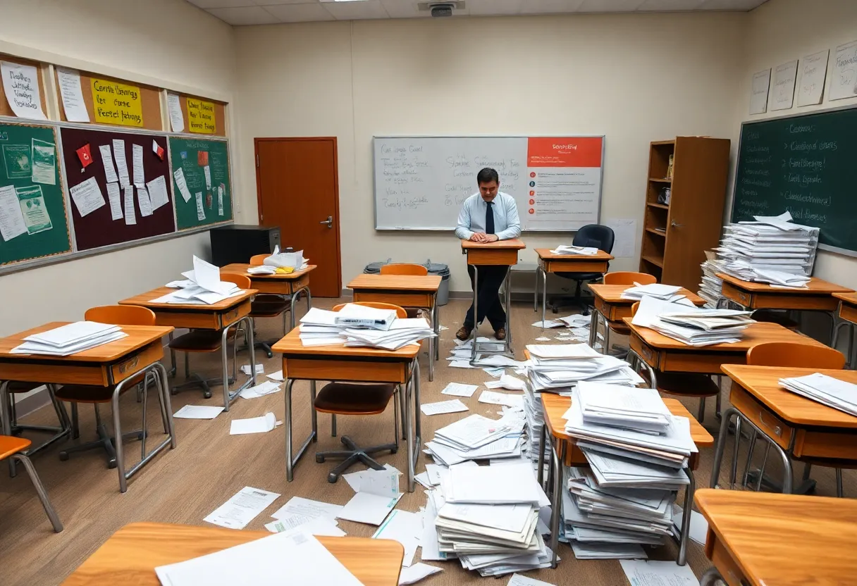 Empty classroom depicting the consequences of education funding withholding
