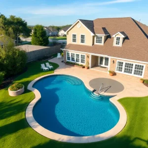 Exterior view of an elegant four-bedroom home with a heated saltwater pool in Owensboro.