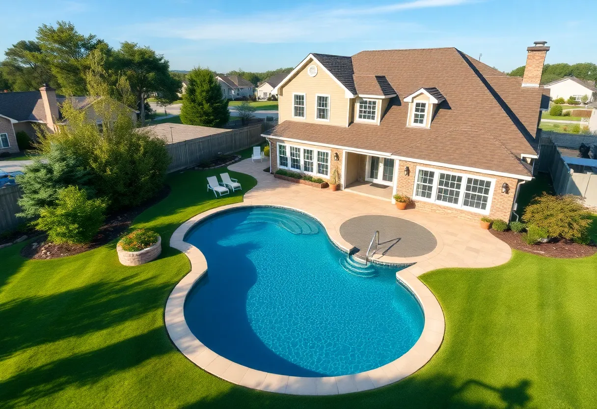 Exterior view of an elegant four-bedroom home with a heated saltwater pool in Owensboro.