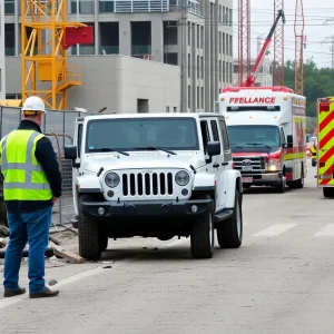 Scene of a construction accident in Elkhart with emergency response vehicles.