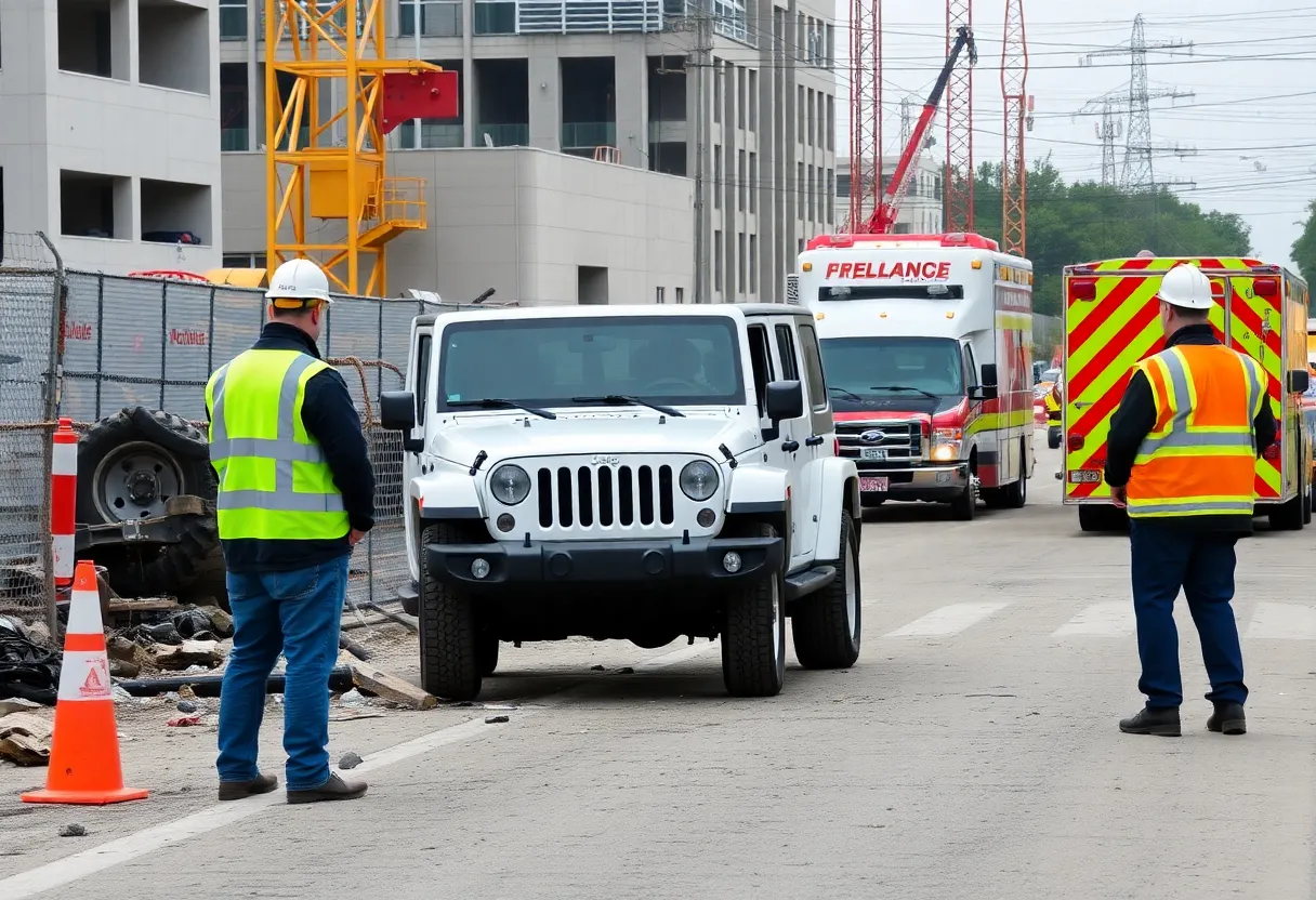 Scene of a construction accident in Elkhart with emergency response vehicles.