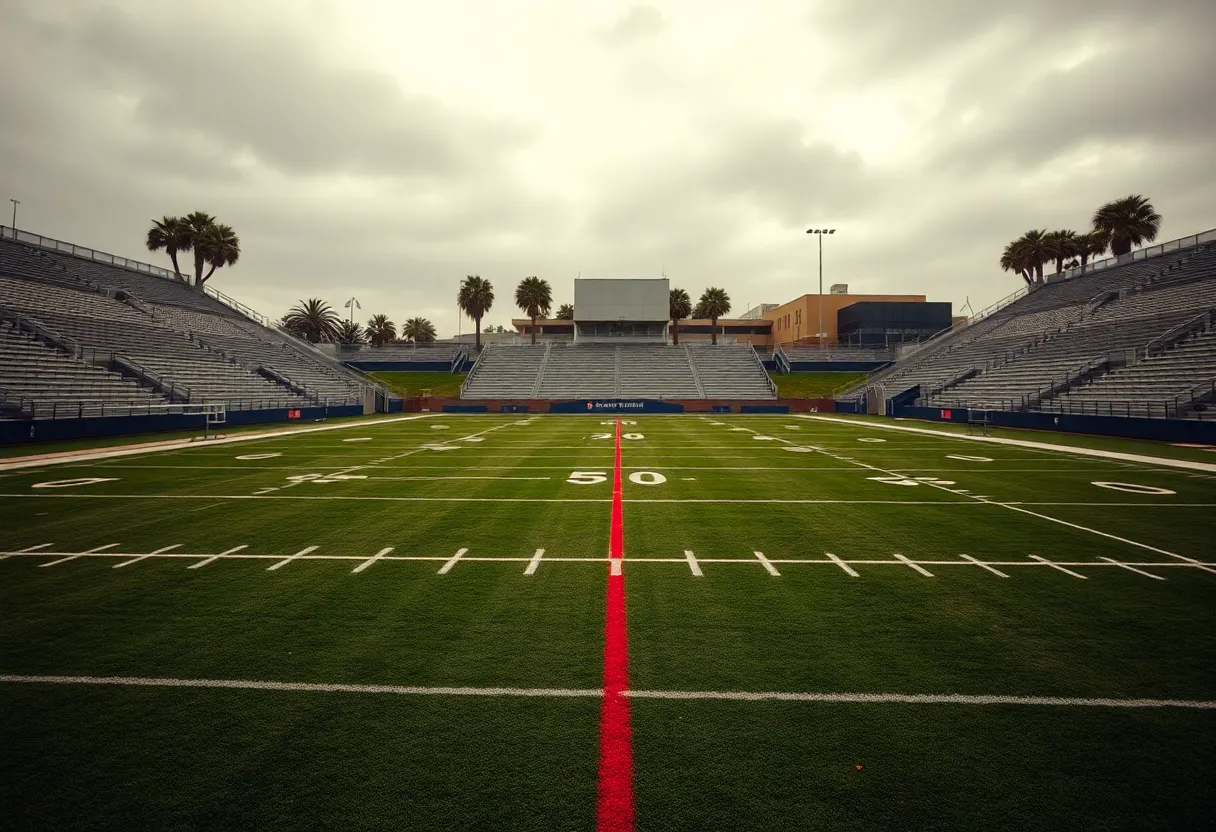 Empty high school football field symbolizing disruption in school sports