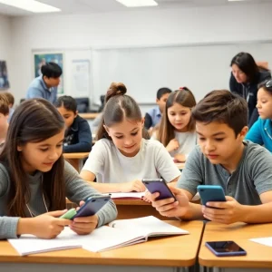 Students engaged in classroom activities without cell phones.