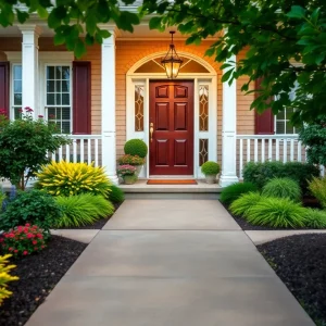 A well-maintained home exterior with colorful flowers and a fresh front door paint.