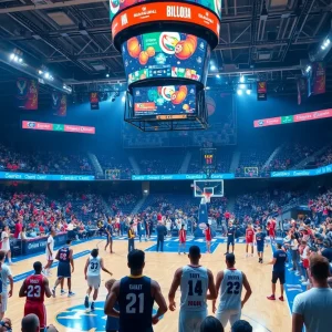 Vibrant atmosphere at FIBA EuroBasket 2025 with basketball teams and fans