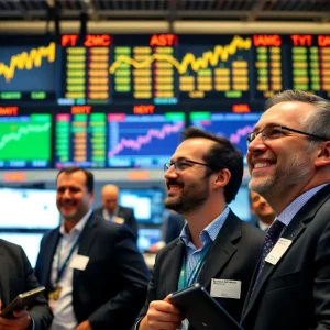 Traders celebrating in a European stock market with rising stock prices.