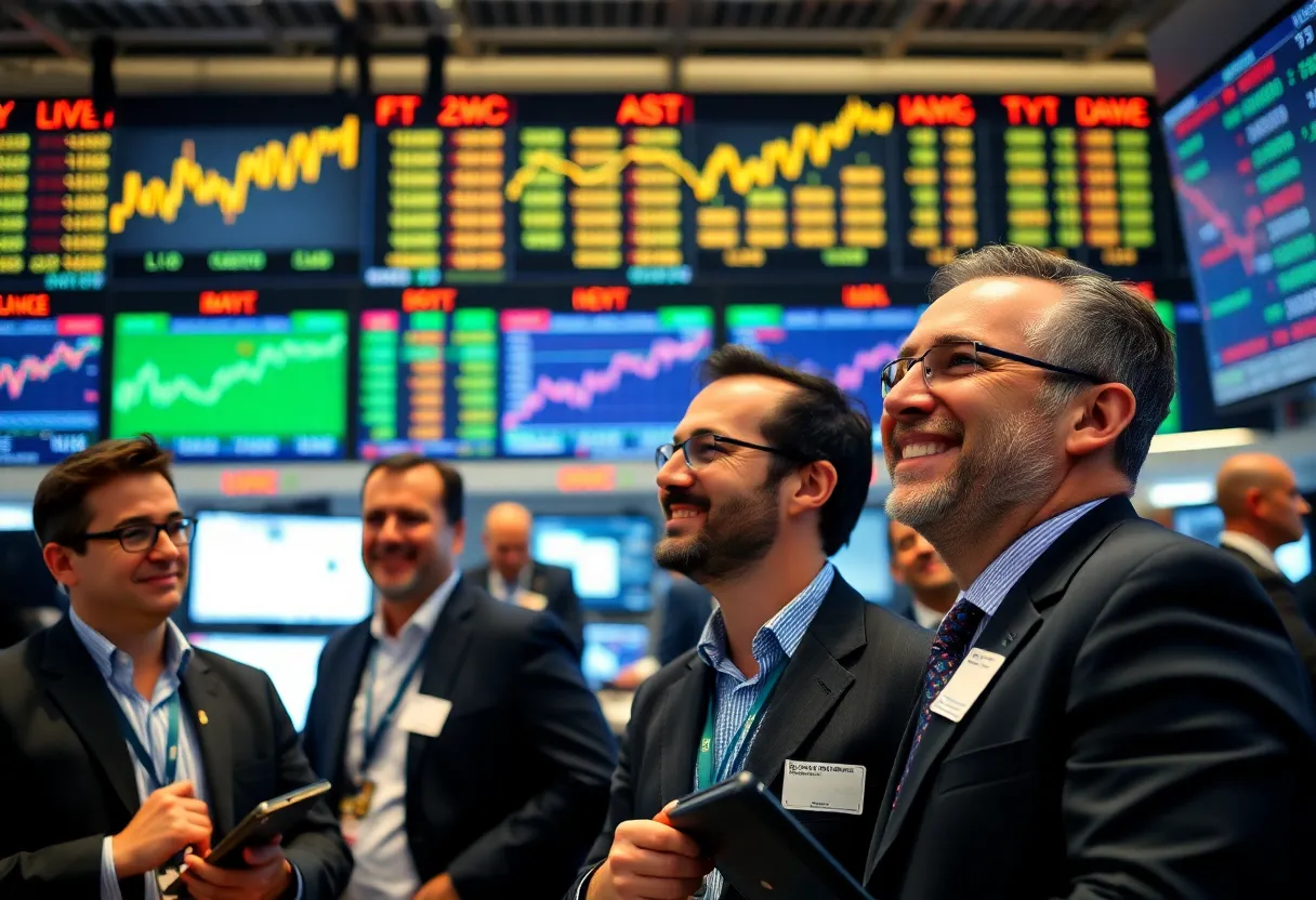 Traders celebrating in a European stock market with rising stock prices.