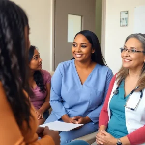 A healthcare professional converses with diabetic women about family planning in a warm consultation setting.