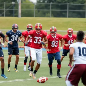 Group of diverse football players focusing on team training and strategy