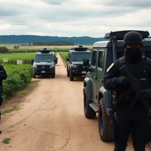 Scene of a federal raid at a cannabis farm with armored vehicles and protestors.