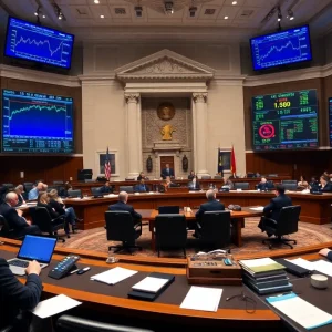 Federal Reserve meeting room with economic indicators