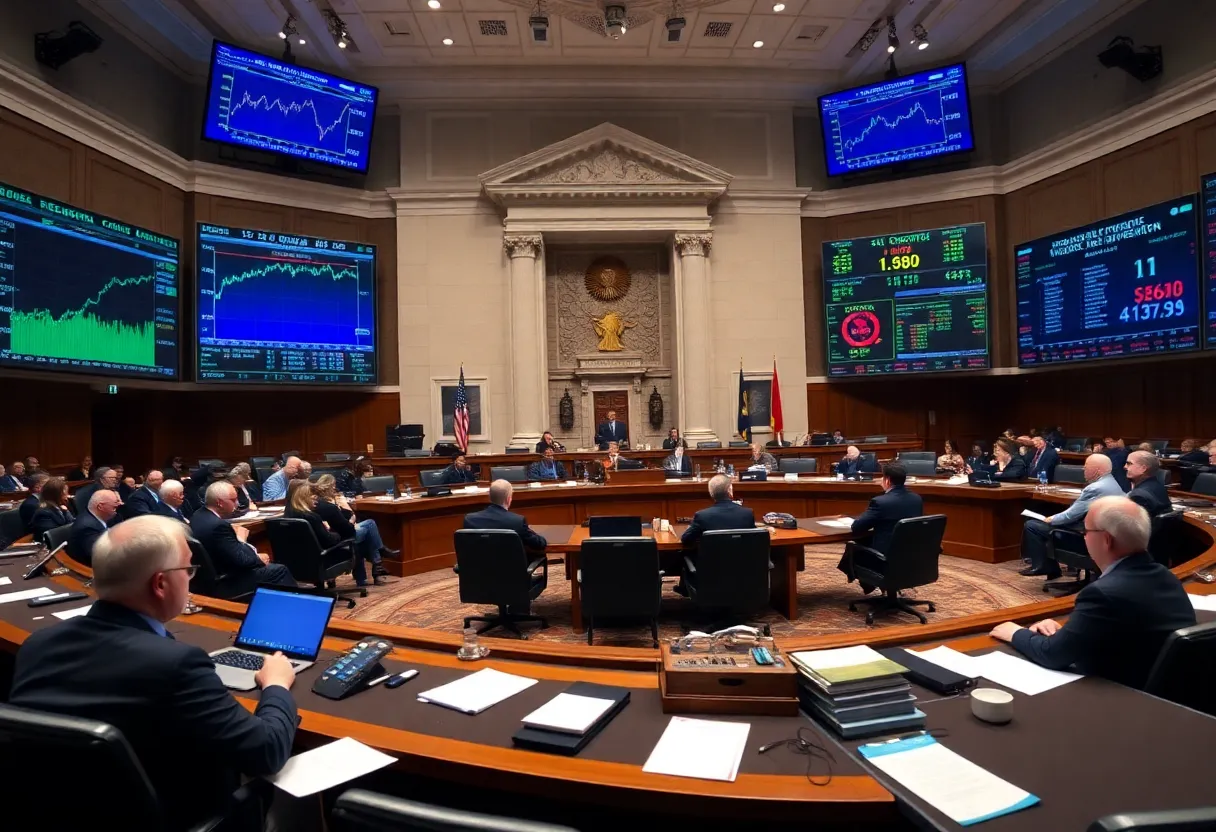 Federal Reserve meeting room with economic indicators