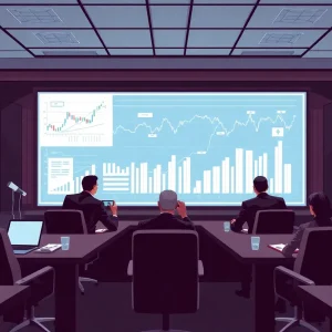 Illustration of a tense Federal Reserve meeting discussing interest rates