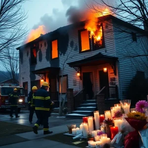 Emergency responders at a fire-damaged assisted living facility