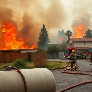 Firefighters working to extinguish flames with water hoses in a residential area during the Pacific Palisades Fire