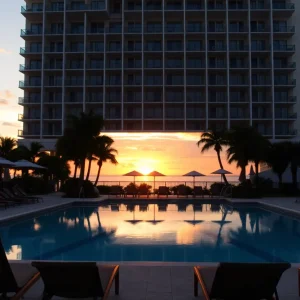 A beautiful poolside view at a Florida hotel during sunset