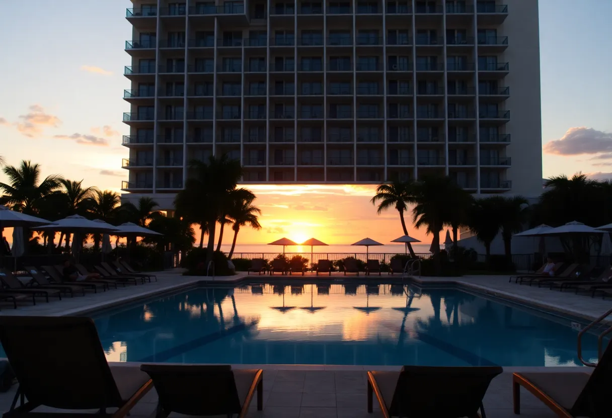 A beautiful poolside view at a Florida hotel during sunset