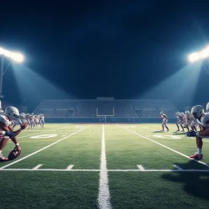 Football field with empty quarterback position during college game