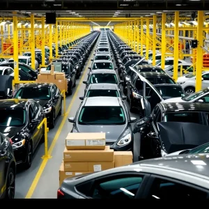 Ford manufacturing plant filled with vehicles and assembly lines.